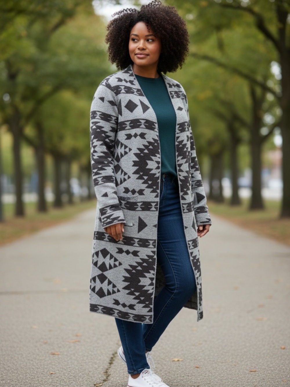 Open-Front Gray and Black Aztec/Southwest/Western Knit Long Cardigan
